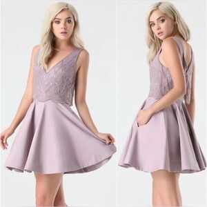 BEBE cocktail Mauve Purple Beaded Sequin Lace Floating Tank Flare Dress Size 4